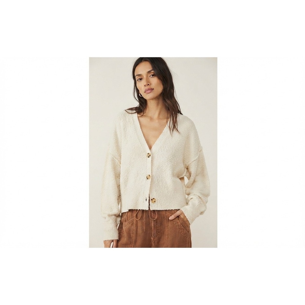 Free People Found My Friend Cream Bouclé Cardigan Sweater Size M Boxy Slouchy